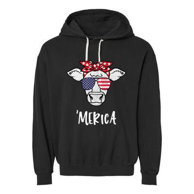 Merica American Cow American Flag Retro Vintage Patriotic Gift Garment-Dyed Fleece Hoodie