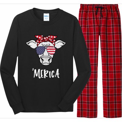 Merica American Cow American Flag Retro Vintage Patriotic Gift Long Sleeve Pajama Set