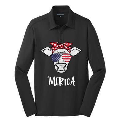 Merica American Cow American Flag Retro Vintage Patriotic Gift Silk Touch Performance Long Sleeve Polo