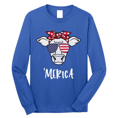 Merica American Cow American Flag Retro Vintage Patriotic Gift Long Sleeve Shirt