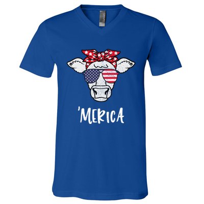 Merica American Cow American Flag Retro Vintage Patriotic Gift V-Neck T-Shirt