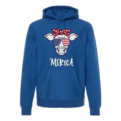 Merica American Cow American Flag Retro Vintage Patriotic Gift Premium Hoodie