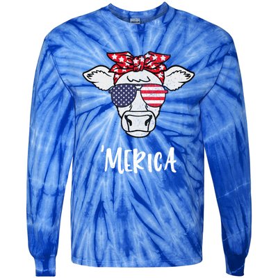 Merica American Cow American Flag Retro Vintage Patriotic Gift Tie-Dye Long Sleeve Shirt