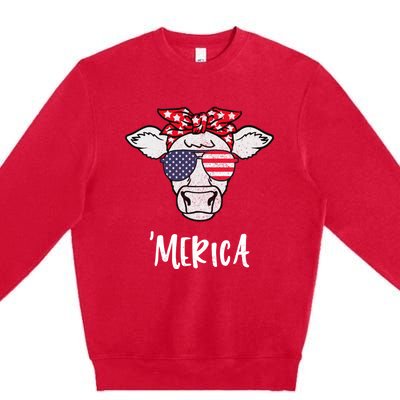 Merica American Cow American Flag Retro Vintage Patriotic Gift Premium Crewneck Sweatshirt