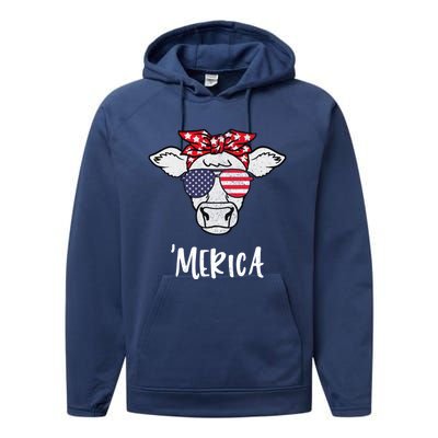 Merica American Cow American Flag Retro Vintage Patriotic Gift Performance Fleece Hoodie