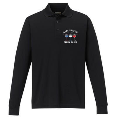 Make America Drunk Again Funny 4th Of July Wine Decorations Gift Performance Long Sleeve Polo