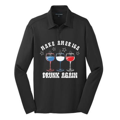 Make America Drunk Again Funny 4th Of July Wine Decorations Gift Silk Touch Performance Long Sleeve Polo