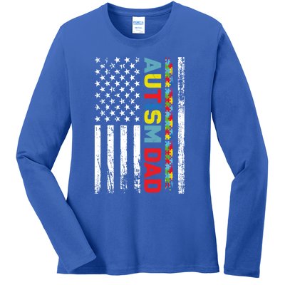 Men Autism Dad Great Gift Fathers Day Dad Autism American Flag Gift Ladies Long Sleeve Shirt