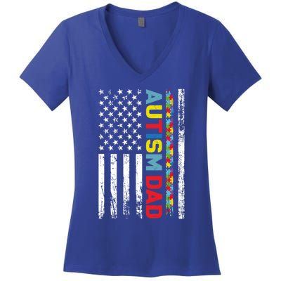 Men Autism Dad Great Gift Fathers Day Dad Autism American Flag Gift Women's V-Neck T-Shirt