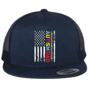 Men Autism Dad Great Gift Fathers Day Dad Autism American Flag Gift Flat Bill Trucker Hat