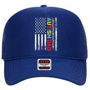 Men Autism Dad Great Gift Fathers Day Dad Autism American Flag Gift High Crown Mesh Back Trucker Hat