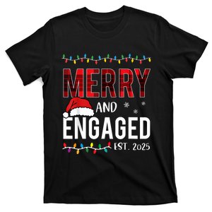 Merry And Engaged 2025 Red Plaid Matching Christmas Couple T-Shirt