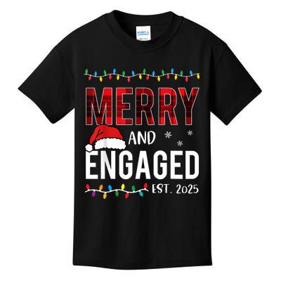 Merry And Engaged 2025 Red Plaid Matching Christmas Couple Kids T-Shirt