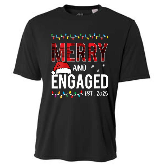 Merry And Engaged 2025 Red Plaid Matching Christmas Couple Cooling Performance Crew T-Shirt