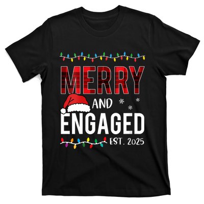 Merry And Engaged 2025 Red Plaid Matching Christmas Couple T-Shirt