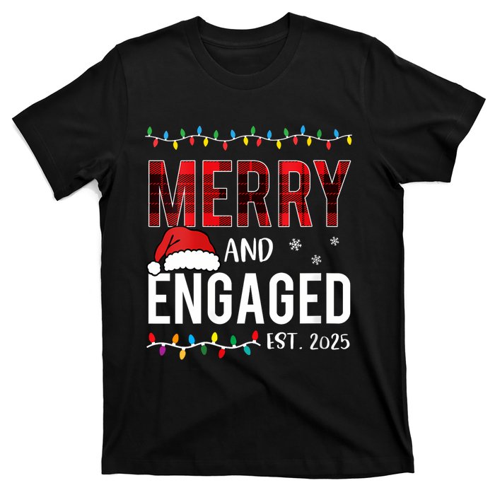 Merry And Engaged 2025 Red Plaid Matching Christmas Couple T-Shirt