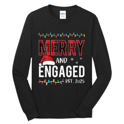 Merry And Engaged 2025 Red Plaid Matching Christmas Couple Tall Long Sleeve T-Shirt