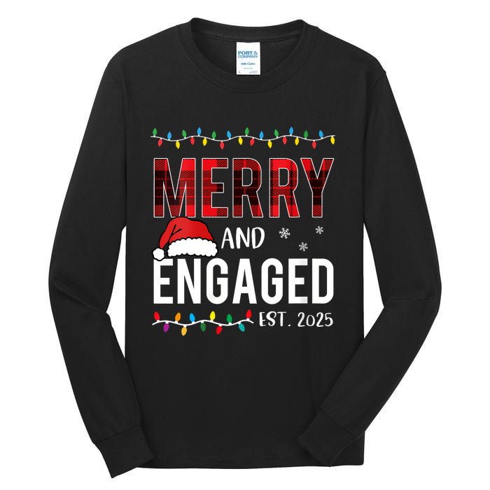 Merry And Engaged 2025 Red Plaid Matching Christmas Couple Tall Long Sleeve T-Shirt