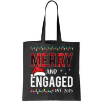 Merry And Engaged 2025 Red Plaid Matching Christmas Couple Tote Bag