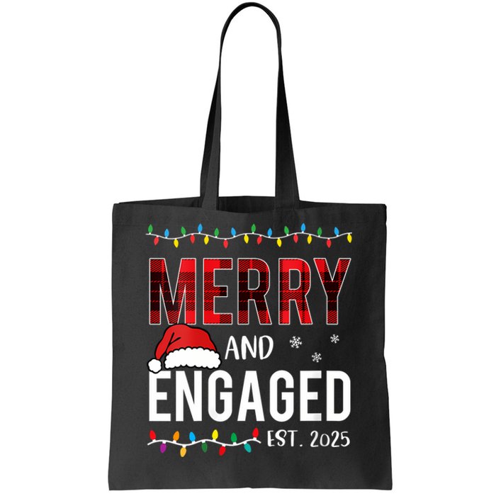 Merry And Engaged 2025 Red Plaid Matching Christmas Couple Tote Bag