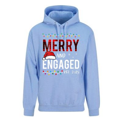 Merry And Engaged 2025 Red Plaid Matching Christmas Couple Unisex Surf Hoodie