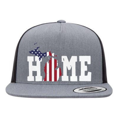 Michigan American Flag Home State Shape Distressed Look Flat Bill Trucker Hat