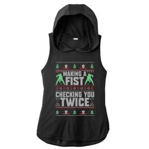 Making A Fist Checking You Twice Ugly Christmas  Ladies PosiCharge Tri-Blend Wicking Draft Hoodie Tank