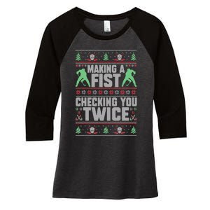 Making A Fist Checking You Twice Ugly Christmas  Women's Tri-Blend 3/4-Sleeve Raglan Shirt