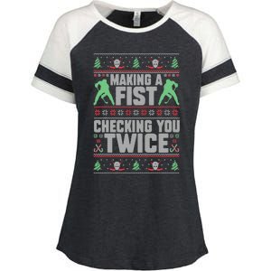 Making A Fist Checking You Twice Ugly Christmas  Enza Ladies Jersey Colorblock Tee