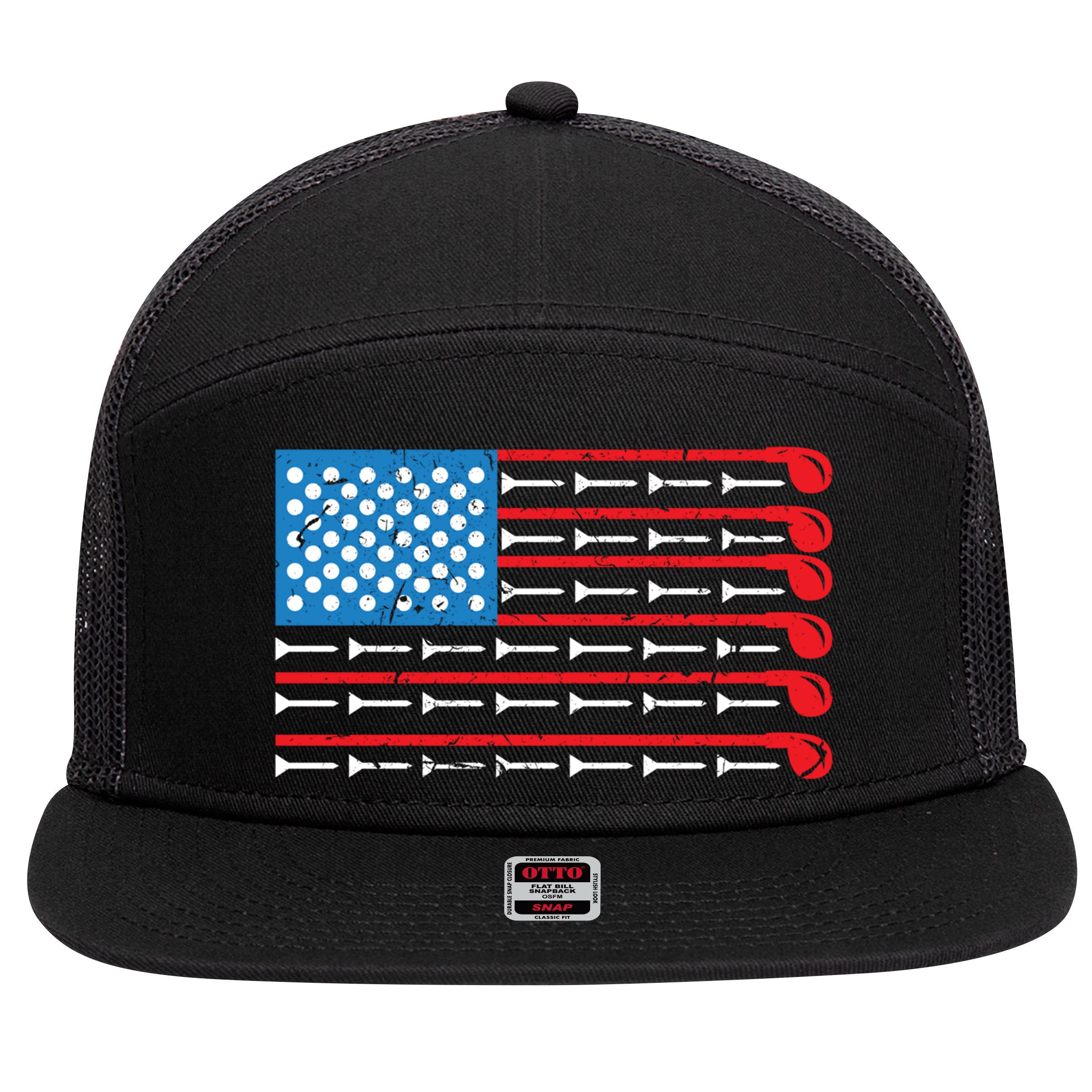 Mens American Flag Golf Club Sports Design Great Gift 7 Panel Mesh Trucker Snapback Hat