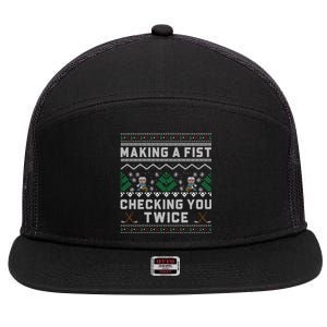 Making A Fist Checking You Twice Ice Hockey Players Xmas Gift 7 Panel Mesh Trucker Snapback Hat