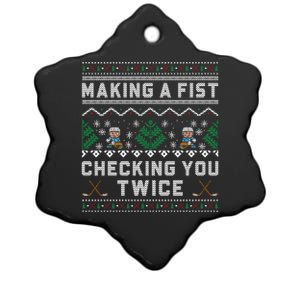 Making A Fist Checking You Twice Ice Hockey Players Xmas Gift Ceramic Star Ornament