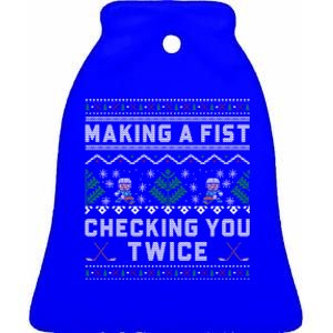 Making A Fist Checking You Twice Ice Hockey Players Xmas Gift Ceramic Bell Ornament