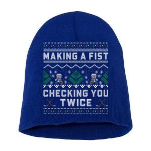 Making A Fist Checking You Twice Ice Hockey Players Xmas Gift Short Acrylic Beanie