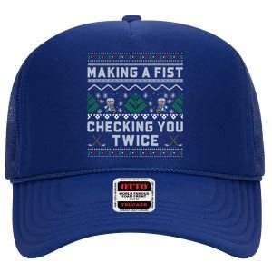 Making A Fist Checking You Twice Ice Hockey Players Xmas Gift High Crown Mesh Back Trucker Hat