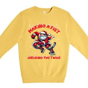 Making A Fist Checking You Twice Ice Hockey Xmas Snowflakes Gift Premium Crewneck Sweatshirt