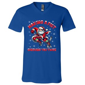 Making A Fist Checking You Twice Ice Hockey Xmas Snowflakes Gift V-Neck T-Shirt