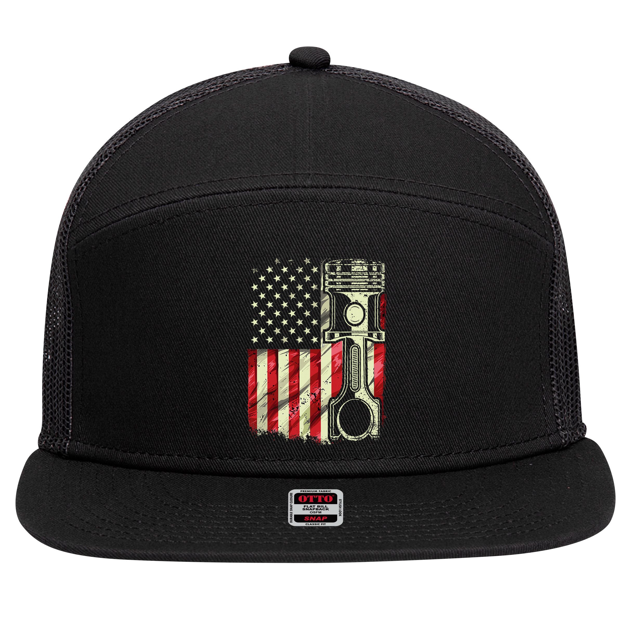 Mechanic American Flag Piston Muscle Car Patriotic Vintage 7 Panel Mesh Trucker Snapback Hat