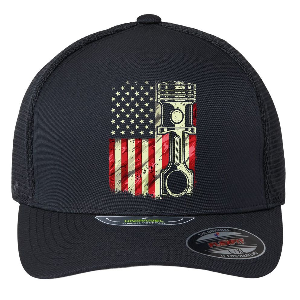 Mechanic American Flag Piston Muscle Car Patriotic Vintage Flexfit Unipanel Trucker Cap