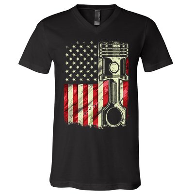 Mechanic American Flag Piston Muscle Car Patriotic Vintage V-Neck T-Shirt