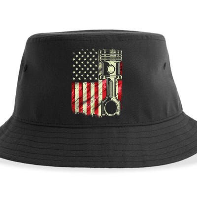 Mechanic American Flag Piston Muscle Car Patriotic Vintage Sustainable Bucket Hat