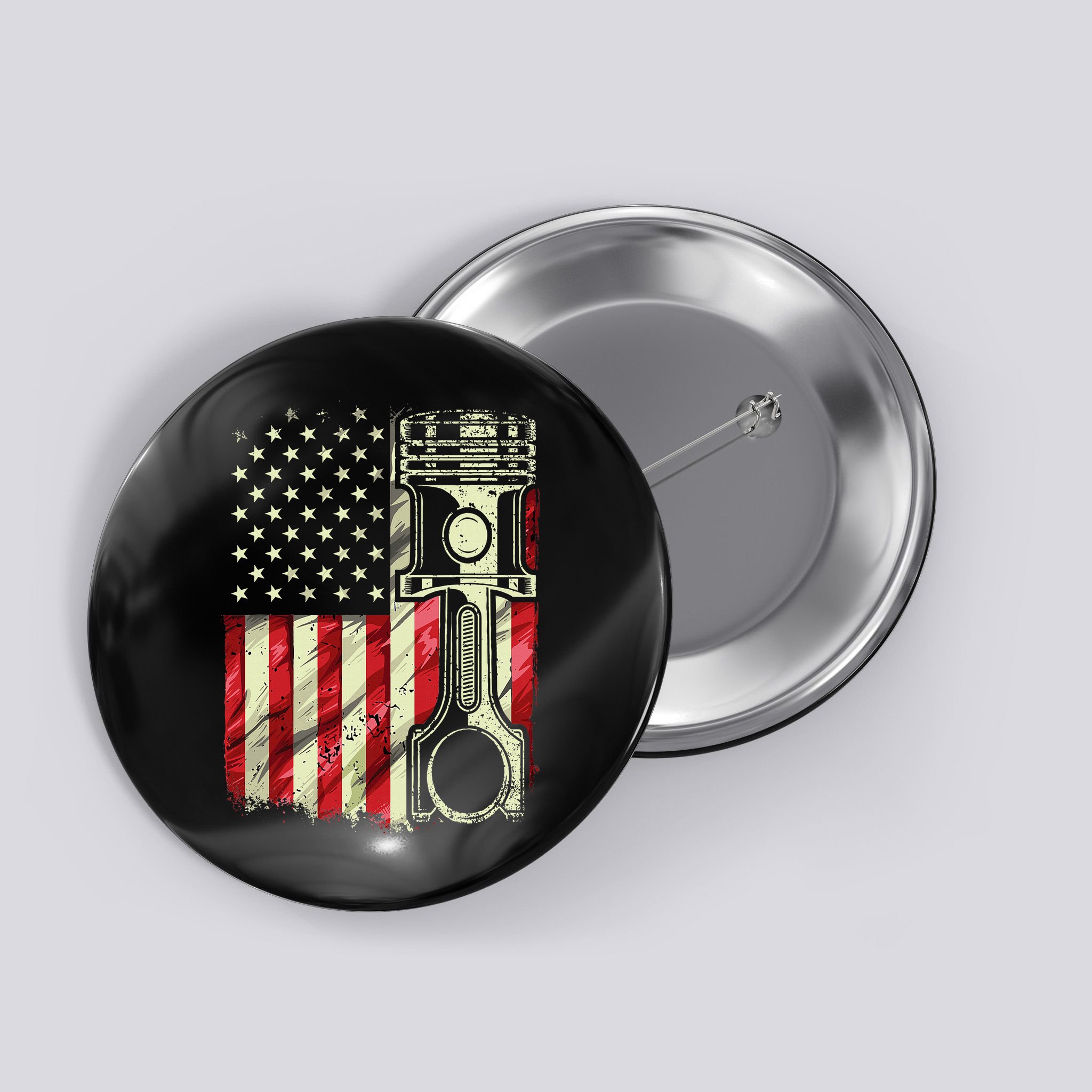 Mechanic American Flag Piston Muscle Car Patriotic Vintage Button