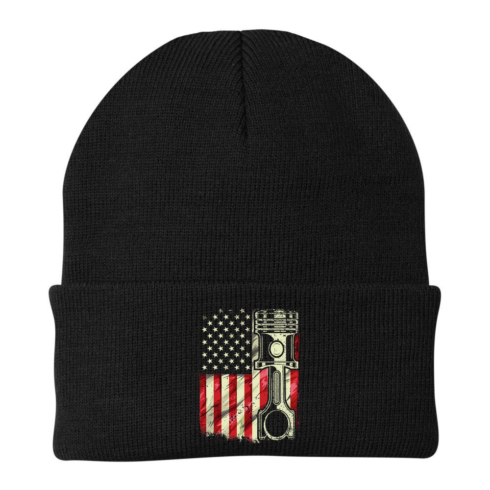 Mechanic American Flag Piston Muscle Car Patriotic Vintage Beanie