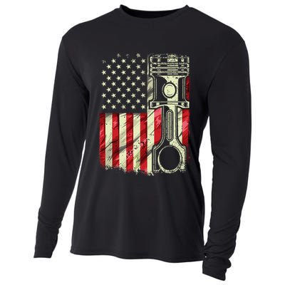 Mechanic American Flag Piston Muscle Car Patriotic Vintage Cooling Performance Long Sleeve Crew