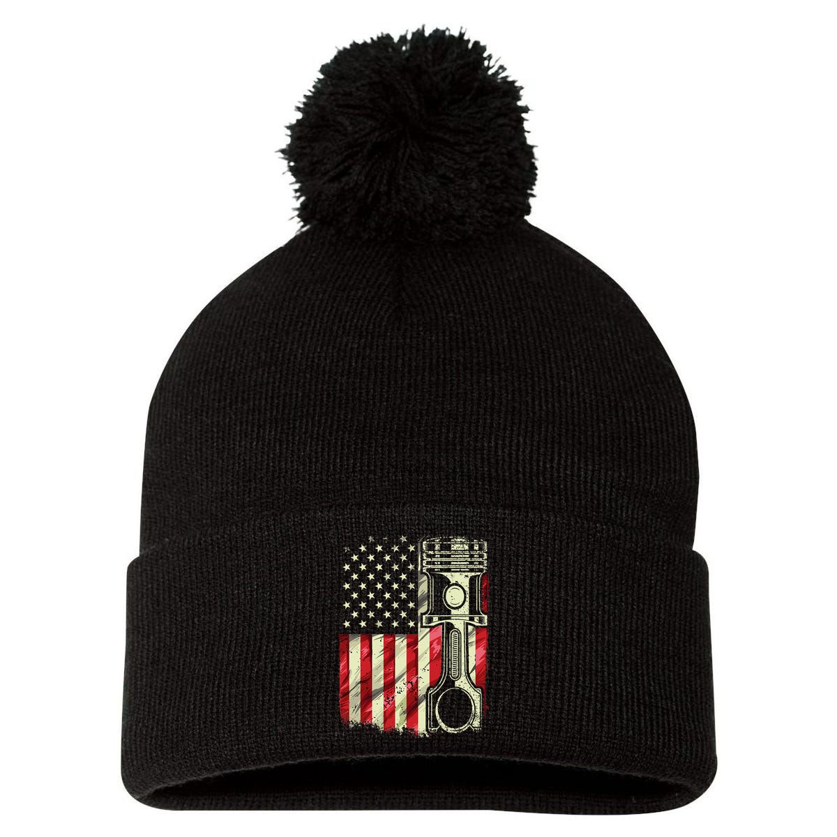 Mechanic American Flag Piston Muscle Car Patriotic Vintage Pom Pom 12in Knit Beanie