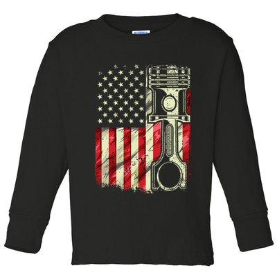 Mechanic American Flag Piston Muscle Car Patriotic Vintage Toddler Long Sleeve Shirt