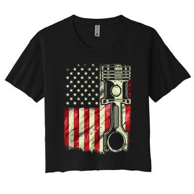 Mechanic American Flag Piston Muscle Car Patriotic Vintage Women's Crop Top Tee