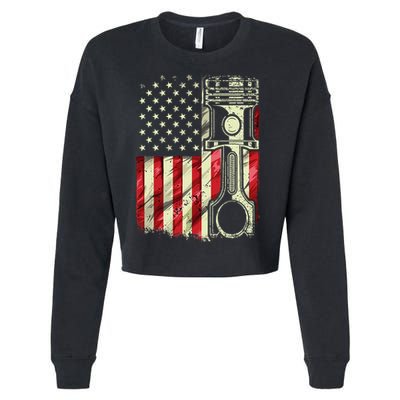 Mechanic American Flag Piston Muscle Car Patriotic Vintage Cropped Pullover Crew