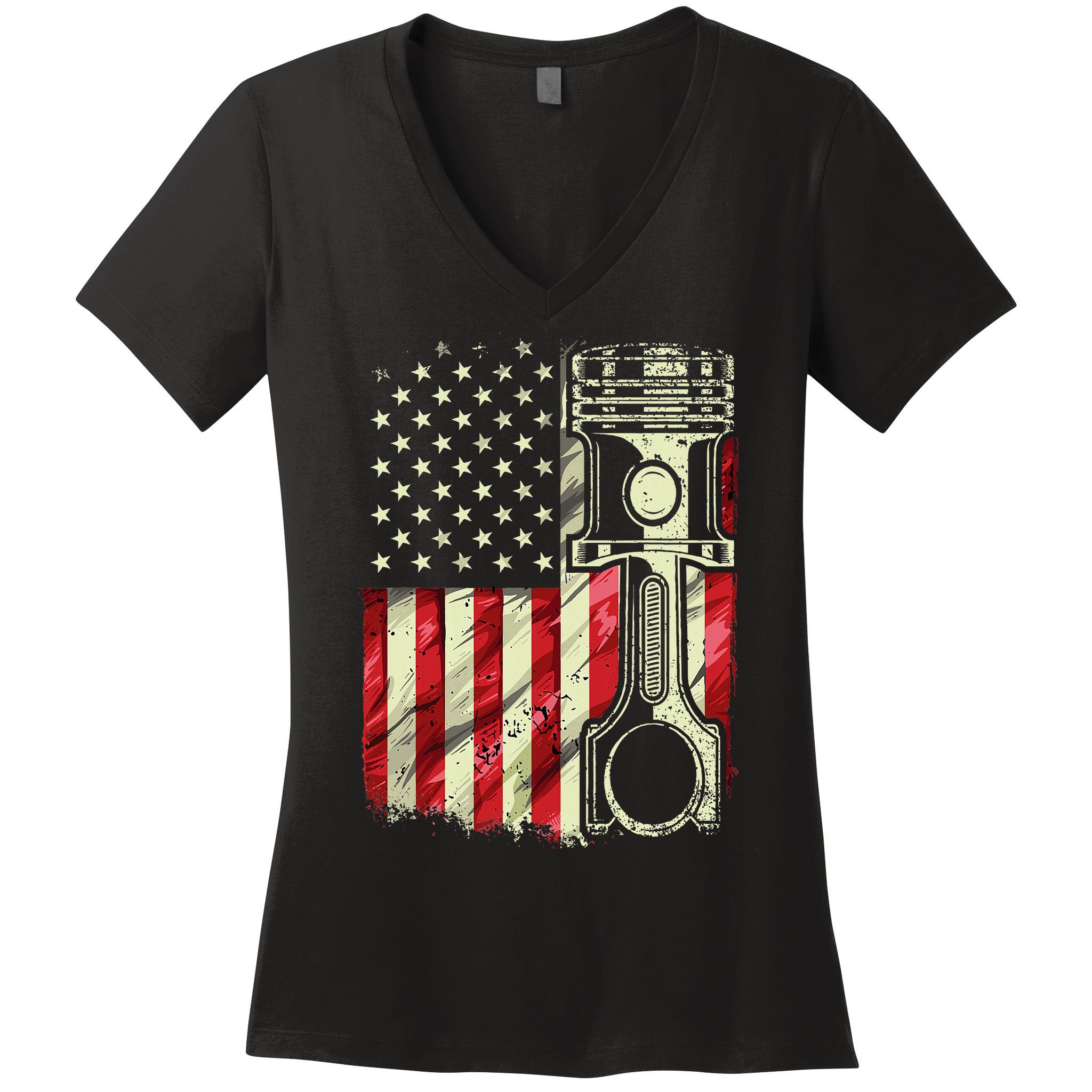 Mechanic American Flag Piston Muscle Car Patriotic Vintage Women's V-Neck T-Shirt