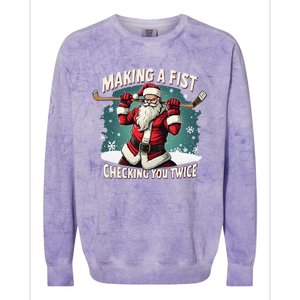 Making A Fist Checking You Twice Ugly Christmas Santa Hockey Colorblast Crewneck Sweatshirt